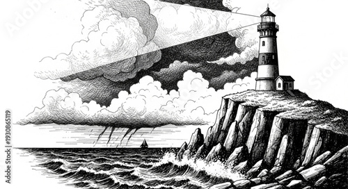 Classic Lighthouse Illuminating Rough Seas with Powerful Beam.