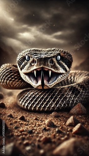 Cinematic Low-Angle Portrait of a Striking Rattlesnake Head with Open Fangs and Bifurcated Tongue Ready to Strike, against a Moody Desert Sunset