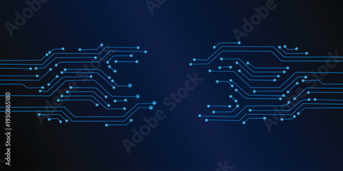 Abstract Technology Background, blue pattern with electric light, microchip, power line,Illustrations Vectors circuit board on a dark technological background.