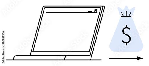 Laptop next to a money bag icon with a dollar sign conveying online payments and digital transactions. Ideal for fintech, e-commerce, technology, finance, banking, business, and startups