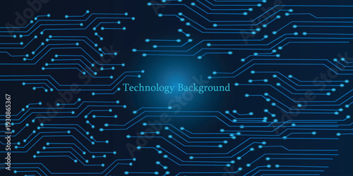 Abstract Technology Background, blue pattern with electric light, microchip, power line,Illustrations Vectors circuit board on a dark technological background.