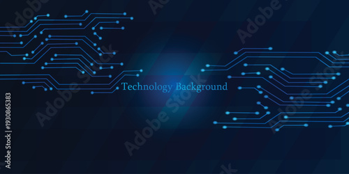 Abstract Technology Background, blue pattern with electric light, microchip, power line,Illustrations Vectors circuit board on a dark technological background.