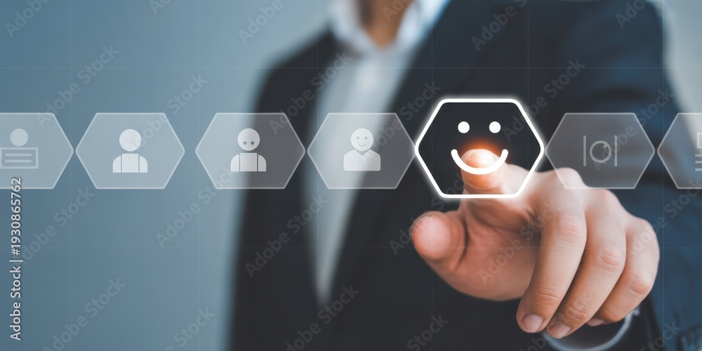 Naklejka premium Customer Satisfaction and Happiness: A person is shown digitally engaging with an interface, highlighting the importance of customer satisfaction and happiness in a business context.