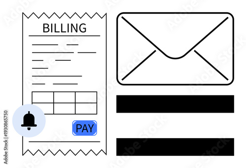 Billing receipt with payment details and a pay button, notification bell icon, and envelope icon. Ideal for finance, payments, invoicing, reminders, notifications, correspondence and communication