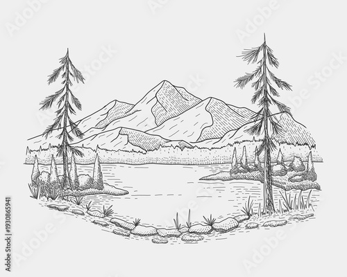mountain lake landscape with pine trees in detailed line art style