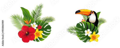Tropical Flowers With Palm Tree Branch And Toucan