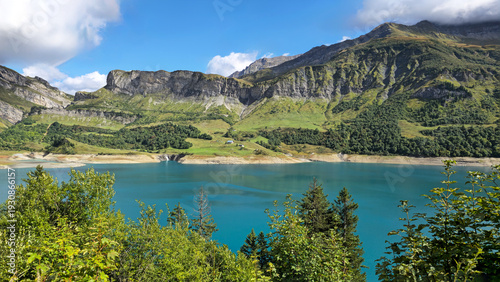 Lake Lac de Roselend in the mountains landscape, French Alps, Beaufort, Savoie, France, Europe.