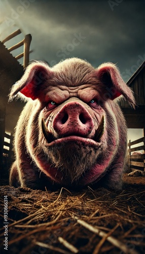 Intense portrait of an old, tusked domestic pig on a rugged farm, sunset