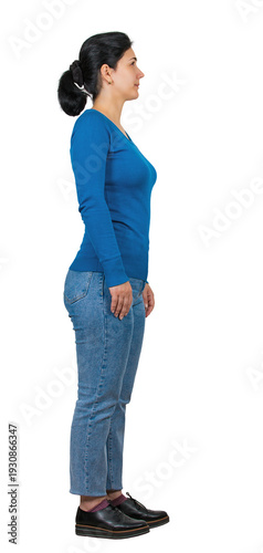 Side view full length portrait of a young woman looking ahead isolated on transparent background