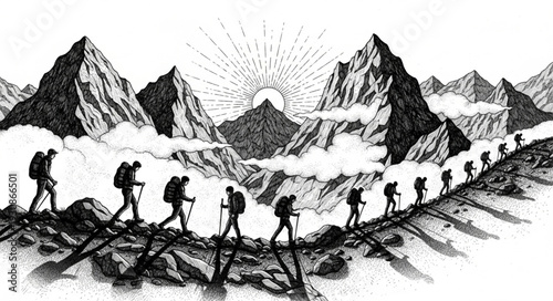 Group of Hikers Trekking Across Mountain Ridge.