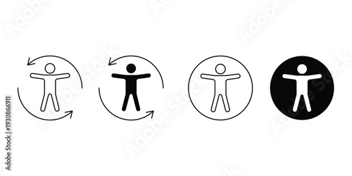 Accessibility circular human figure rotation arrows outline and solid style icon vector illustration