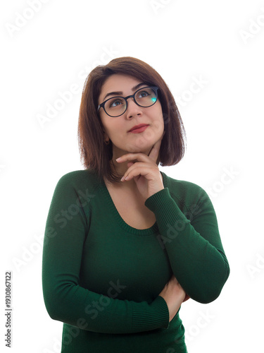 Contemplative young woman holding hand under chin wearing eyeglasses looks up imagining isolated on transparent background