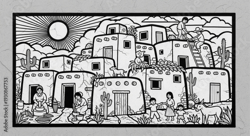 Native American Village Scene with Sun and People.