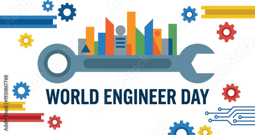 World Engineer Day Celebration Graphic Featuring Wrench, Gears, and Abstract Cityscape Symbolizing Innovation and Progress
