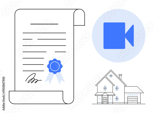 Real estate transactions, digital contracts, online verification, remote signing, document security, e-signatures. Legal document with badge, house and video icon. Real estate and digital contracts