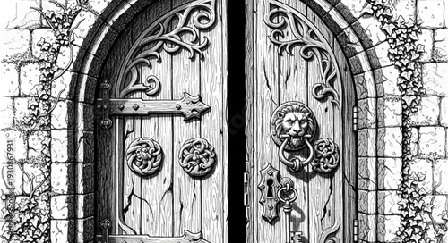 Ornate Antique Wooden Door with Lion Knocker.