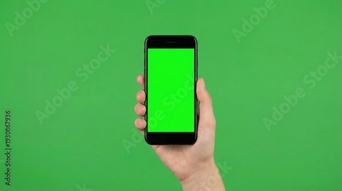 Hand holding a black smartphone with a bright green screen, isolated against a green backdrop, perfect for app demos and video content.