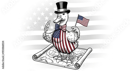 Patriotic Duck Wearing Top Hat and American Flag Vest Holding Small Flag.