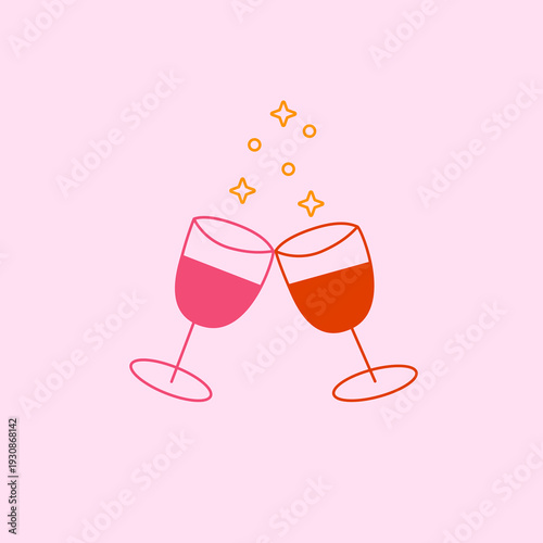 Vector illustration of two glasses with sparkling wine or champagne on pink background