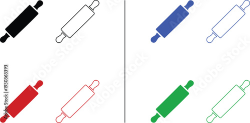 rolling pin icon isolated on white background, vector illustration of wooden dough roller for baking and kitchen in colorful solid and outline styles.