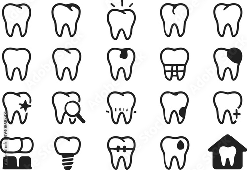 A comprehensive set of dental icons illustrating various tooth conditions and treatments.
