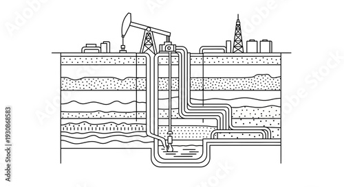Detailed diagram of an oil extraction process from underground reservoirs.