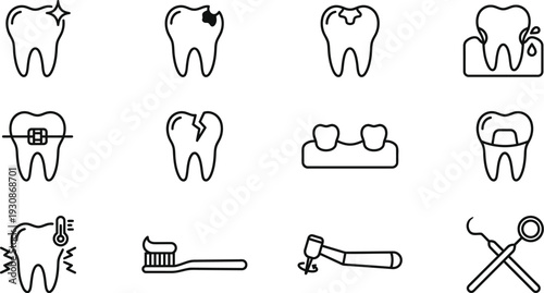 Set of dental line icons representing tooth health decay braces and professional medical tools