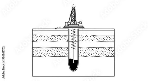 Oil well drilling operation diagram showing layers of earth and drilling equipment.