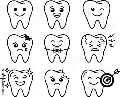 Collection of cute cartoon tooth icons with various facial expressions and dental conditions.