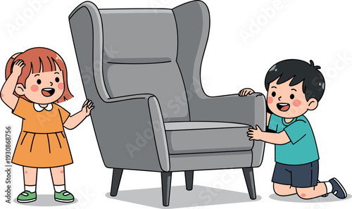 Cute boy and girl playing near a large comfortable gray armchair in flat style