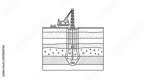 Detailed diagram of an oil drilling rig extracting resources from underground layers.