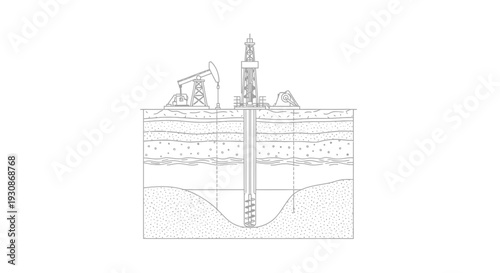 Detailed diagram of an oil well drilling operation with layered geological formations.