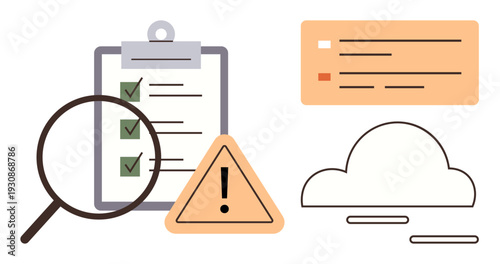 Quality control, data tracking, risk management, cloud storage, error detection, technology processes. A checklist, alert triangular symbol cloud and magnifying glass are visible. Quality control