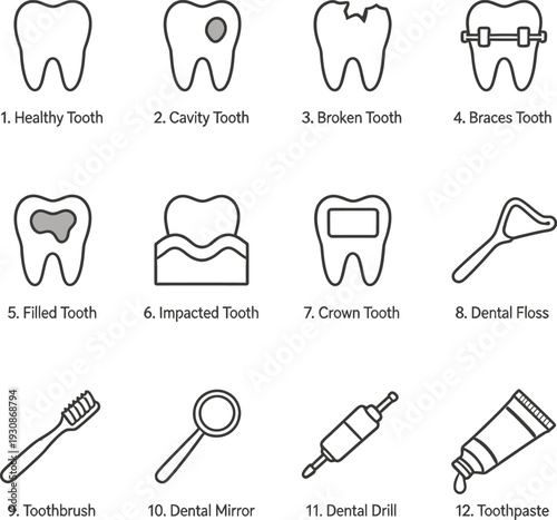 Dental icons set including healthy tooth cavity broken tooth braces filled tooth and tools