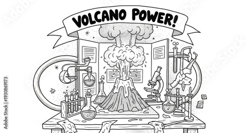 Volcano Power Science Experiment Drawing Illustration.
