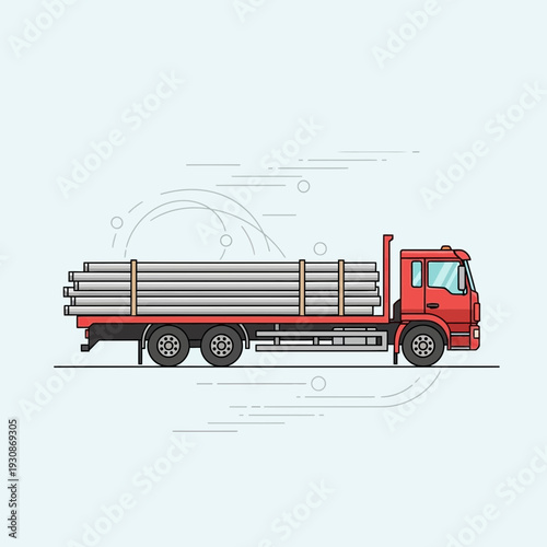Industrial Red Truck Transporting Long Metal Pipes On A Flatbed Trailer