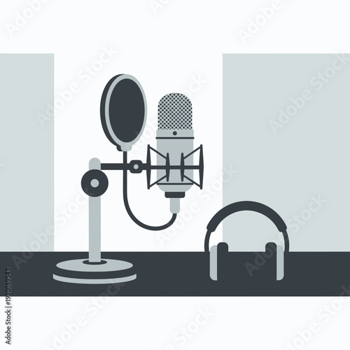 Illustration of a microphone with a pop filter and headphones on a desk.