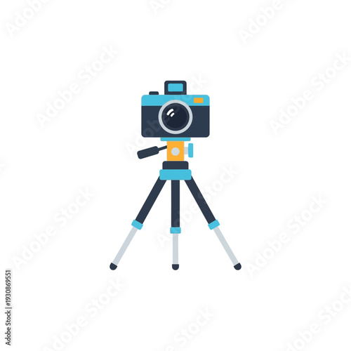 Illustration of a camera mounted on a tripod with a white background.
