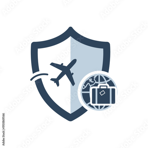 Shield with airplane and globe, symbolizing travel security and protection.