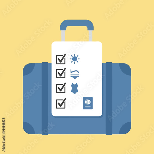 Suitcase with checklist and travel icons, indicating packing or travel preparations.