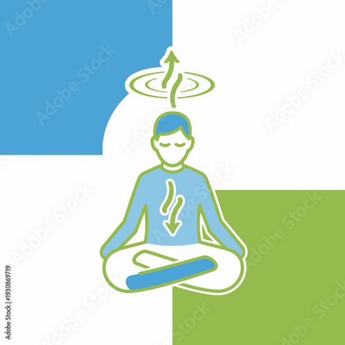 Person meditating in a cross-legged position with energy flow above head and chest.