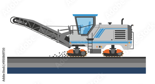Industrial Road Milling Machine At Work With Debris Falling