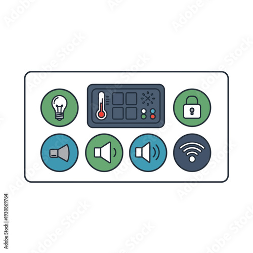 Digital control panel with various icons and buttons for electronic device management.