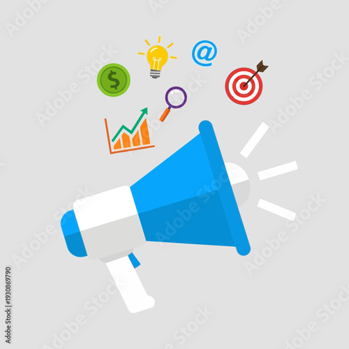 Blue megaphone with various marketing and analytics icons around it
