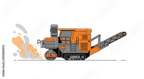 Industrial Road Milling Machine Operating With Dust Clouds And Debris