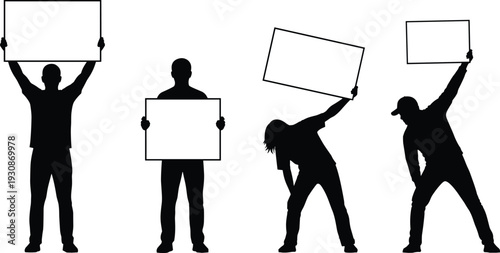 Protesters holding blank banners silhouettes, men and women with empty signs isolated black figures on white background