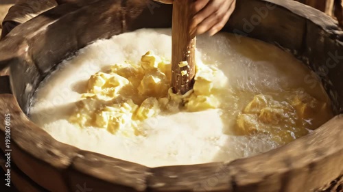 Close Up Of A Hand Churning Butter In A Traditional Wooden Churn With Cream Bubbling And Yellow Butter Forming In Natural Sunlight