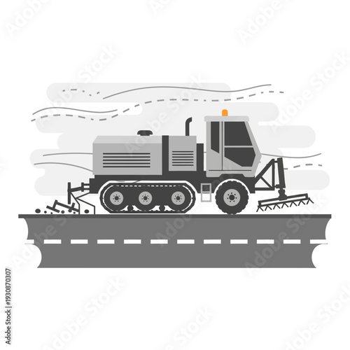 Industrial Road Sweeper Vehicle Operating On Asphalt Surface