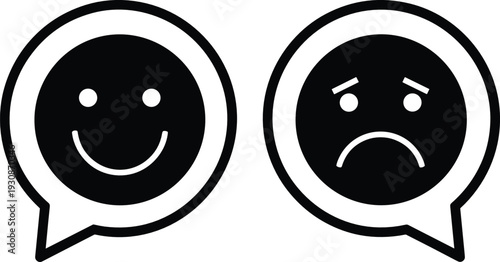 Happy and Sad Emoji Chat Bubble Icons Representing Customer Feedback Rating Review and Emotional Expression Concept