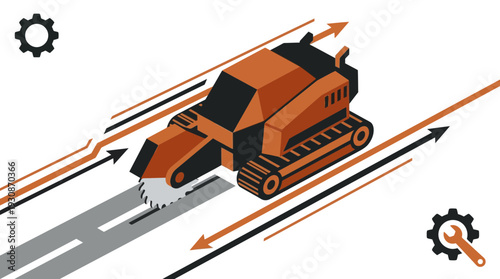 Industrial Sawing Machine Progressing Forward on Road Surface